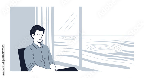 Man sitting by window, looking at rain ripples on water, contemplation, melancholy