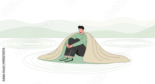 Man sitting under blanket, feeling isolated and lonely in a serene, minimalist landscape.