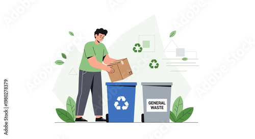 Man sorting waste into recycling and general waste bins, environmental concept