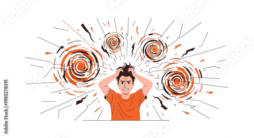 Man stressed and overwhelmed, holding head with chaotic energy swirling around