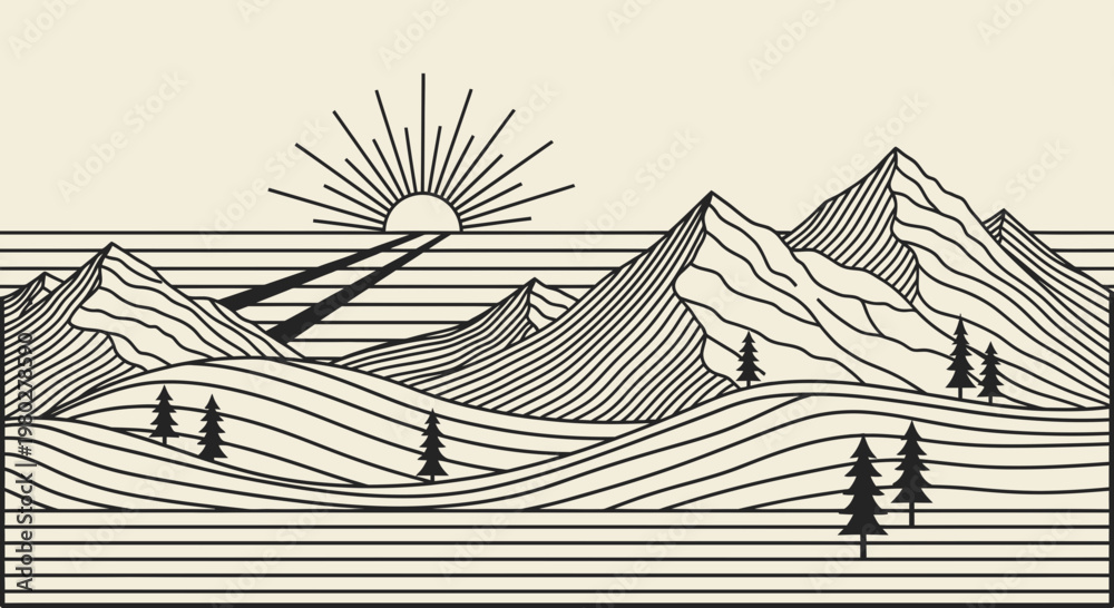 Fototapeta premium Minimalist Mountain Landscape with Sunrise and Trees, Line Art