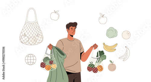 Man with reusable bags full of fresh fruits and vegetables, shopping sustainably