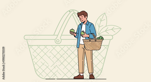 Man with shopping basket and fresh apples, healthy eating, organic food shopping concept