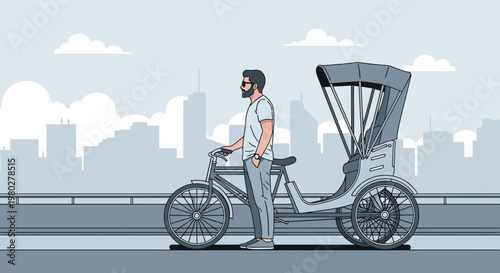 Man with Rickshaw on City Street with Skyline Background