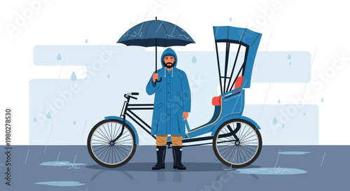 Man with Umbrella and Rickshaw in Rain - Rainy Day Transport Illustration