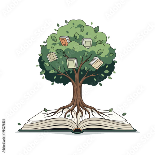 Fotografia A tree with books growing as fruit rooted in an open book symbolizing knowledge