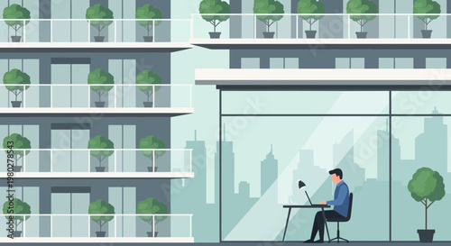 Man working on laptop in modern office with city view and green balconies