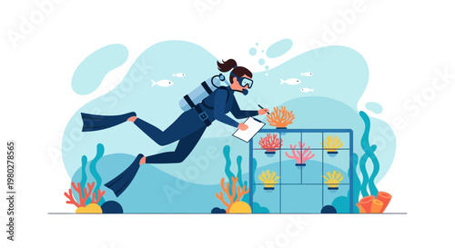 Marine Biologist Diver Studies Coral Reef Growth on Underwater Research Station