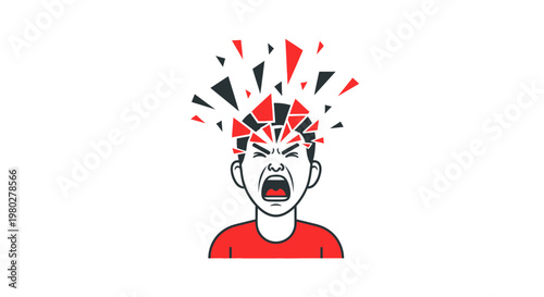 Man's Head Exploding with Stress and Anger, Geometric Shapes Flying Out