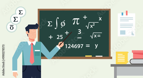Math Teacher Explaining Complex Equations on Blackboard with Mathematical Symbols