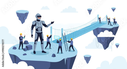 Metaverse construction: Giant robot oversees bridge building between floating islands