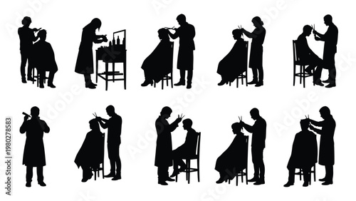 A collection of silhouette illustrations depicting barbers and clients in various haircutting and grooming scenarios high quality professional detailed modern elegant