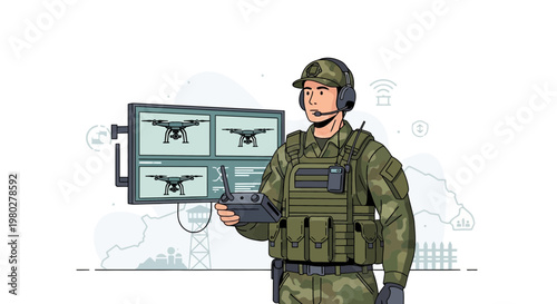Military drone operator controlling aircraft on monitors, tactical surveillance and reconnaissance