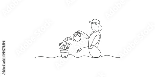 Continuous line drawing of woman kneeling while watering a plant flower pot hat gardening outdoor