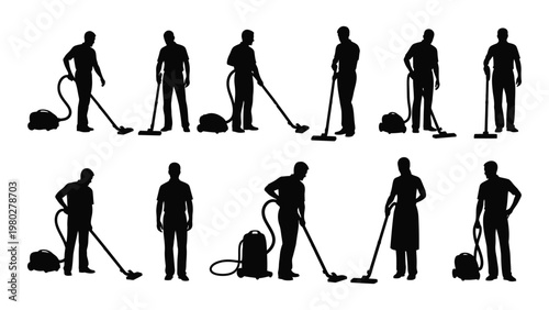 A collection of silhouetted figures depicts various cleaning staff engaged in janitorial work with mops and vacuum cleaners high quality professional