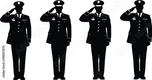 Military officer saluting silhouettes set, uniformed service personnel vector illustration isolated on white background for patriotic and defense design