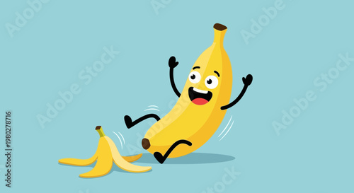 Funny banana slipping on peel, cartoon character, isolated on blue background