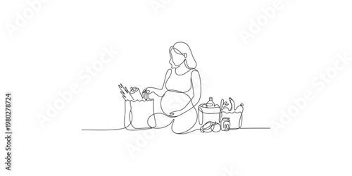 Pregnant woman sitting with grocery shopping and healthy food pregnancy female health wellness nutrition one
