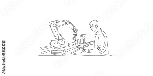 Continuous line drawing of engineer working with robotic arm and computer illustration industrial technology automation