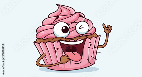 Funny Cartoon Cupcake with Pink Frosting, Winking and Pointing Finger
