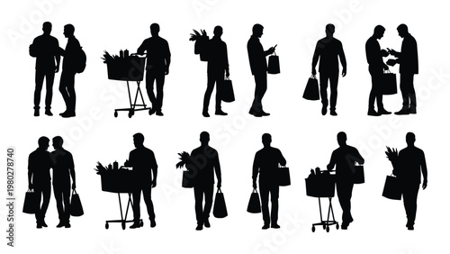 A collection of black silhouette figures depicting people shopping with carts and bags showcasing diverse consumer activities high quality professional detailed