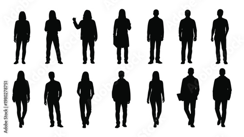 A collection of black silhouettes depicting diverse people standing in various poses against a stark white background high quality professional detailed