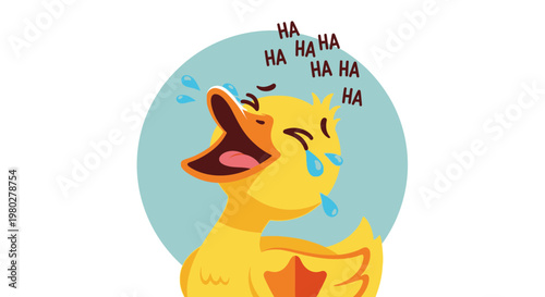 Funny cartoon duck laughing out loud with tears of joy
