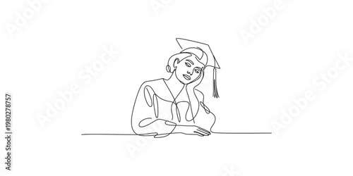 Continuous line drawing of a young woman in graduation cap and gown smiling graduate adult