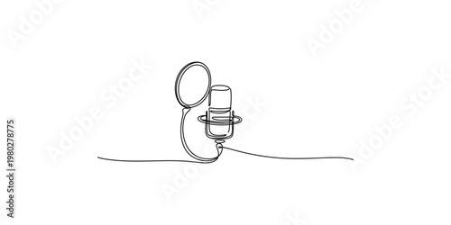 Continuous line drawing of a microphone on a stand with a pop filter music recording