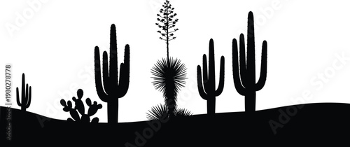 Minimalist black silhouettes of desert landscape with cacti and plants, arid terrain design perfect for illustration, pattern, and decorative artwork