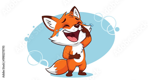 Funny cartoon fox laughing hysterically with tears of joy, isolated on white background