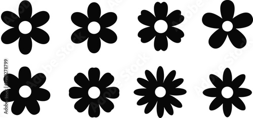 Minimalist black silhouettes of stylized flowers with varied petal counts, arranged together for design, illustration, and decorative pattern use