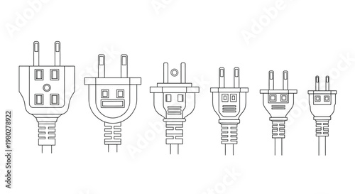 A linear illustration depicts a variety of electrical plugs and power sockets in a row