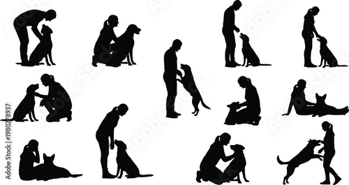 People with dogs silhouette collection showing pet training bonding interaction and care isolated black vector illustration set for lifestyle design use