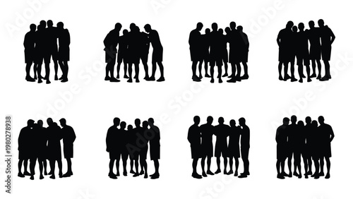 A collection of eight groupings of silhouetted men varying in size standing closely together on a white background high quality professional
