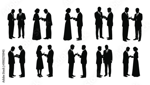 A collection of black silhouette figures depicts various business and social interactions primarily handshakes between people high quality professional detailed modern