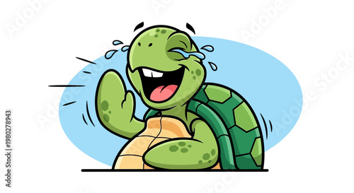 Funny cartoon turtle laughing hard, tears of joy, happy animal character
