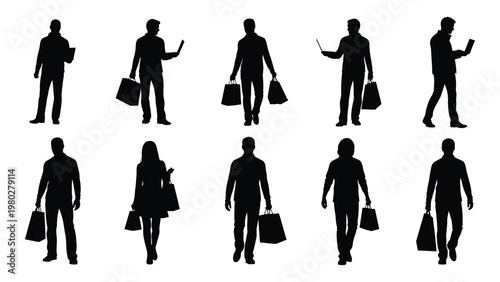 A collection of black silhouettes depicts ten people mostly men carrying shopping bags and using smartphones high quality professional detailed modern
