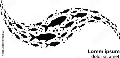 School of fish silhouettes forming wave shape, marine underwater wildlife vector illustration isolated on white background for ocean design