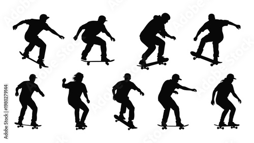 A collection of silhouette figures showcasing diverse skateboarding actions and poses against a clean white background high quality professional detailed modern