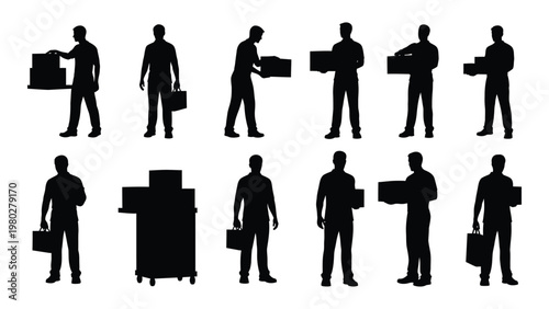A collection of silhouette figures depicting people carrying boxes and office equipment suggesting relocation or delivery high quality professional detailed modern