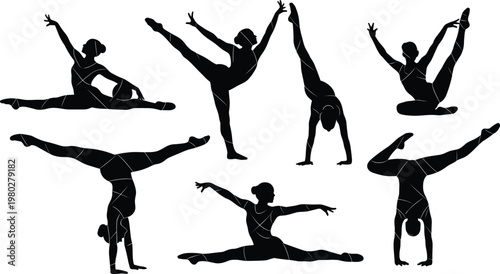 Set of gymnast silhouettes performing splits, handstands and flexibility poses, detailed female fitness vector illustration isolated on white background
