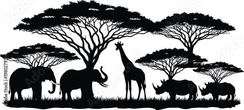 African savanna wildlife silhouette with elephants giraffe and rhinos under acacia trees, detailed nature vector illustration isolated on white background