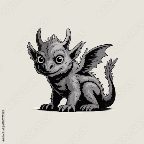 Cute Grinning Dragon Fantasy Creature Illustration.