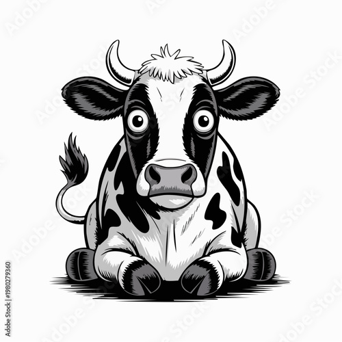 Gentle cartoon cow resting and looking forward.