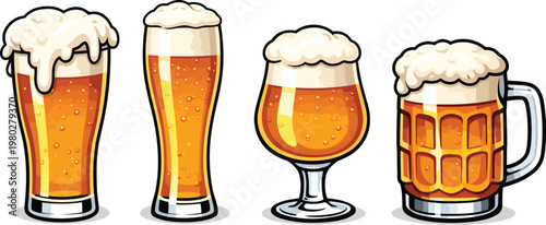 Set of Four Foaming Beer Glasses Vector Illustration, Classic Pint Weizen Tulip and Mug, Comic Style