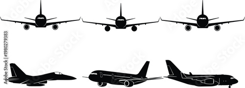 Airplane silhouettes set with front and side views, detailed aircraft vector collection isolated on white background for aviation design projects