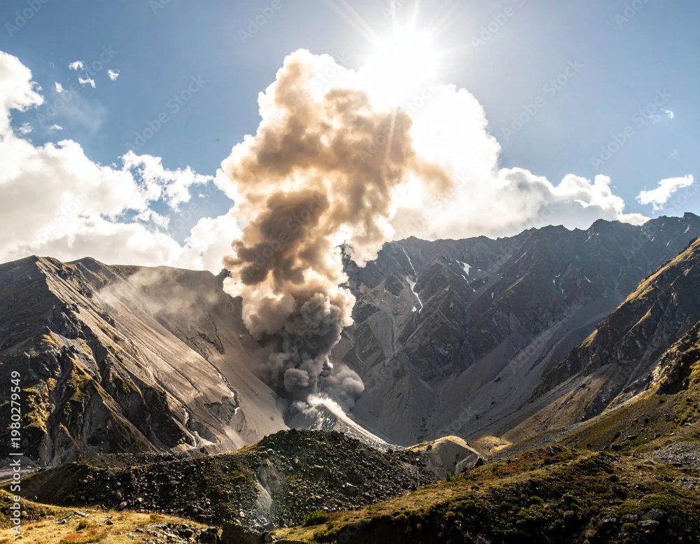 Fototapeta premium Dramatic Volcanic Eruption with Ash Plume and Sunlight.
