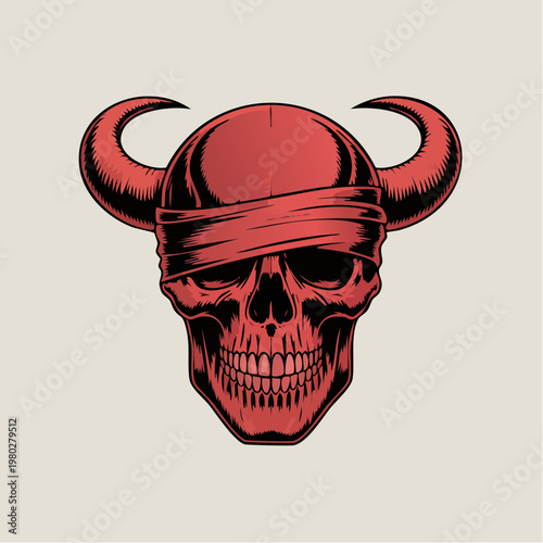 Skull With Horns Wearing Bandaged Headband Illustration.