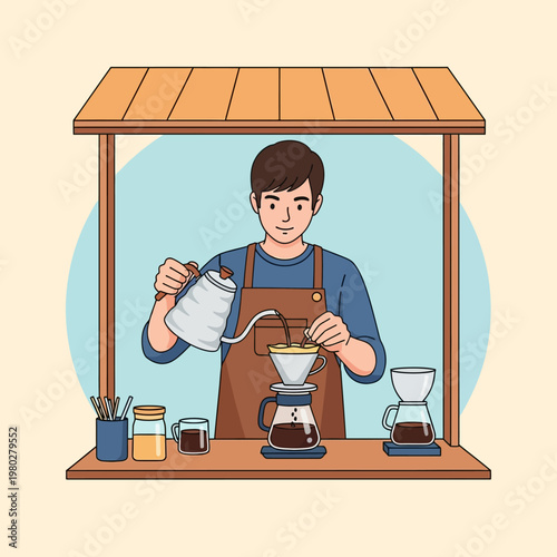 Vector illustration of a male barista wearing an apron pouring water from a gooseneck kettle into a coffee dripper to make manual pour-over drip coffee at a wooden kiosk stall stand.